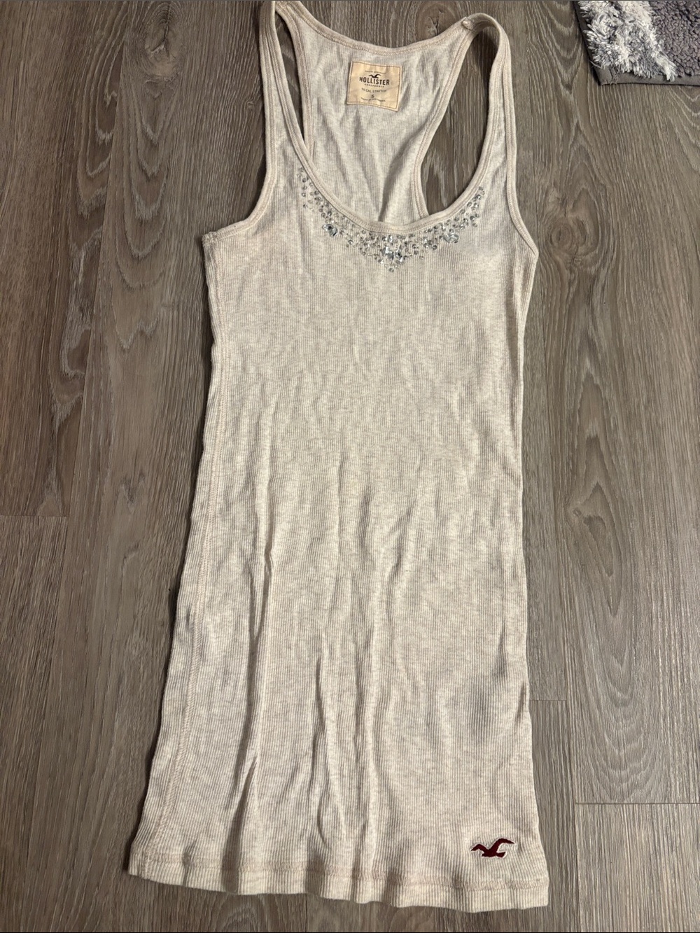 Hollister Cream Ribbed Racerback Tank with Beaded Neckline